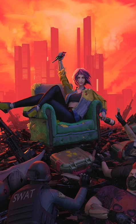 赛博朋克叛逆少女慵懒坐武器堆沙发 红城废土风超燃手机壁纸