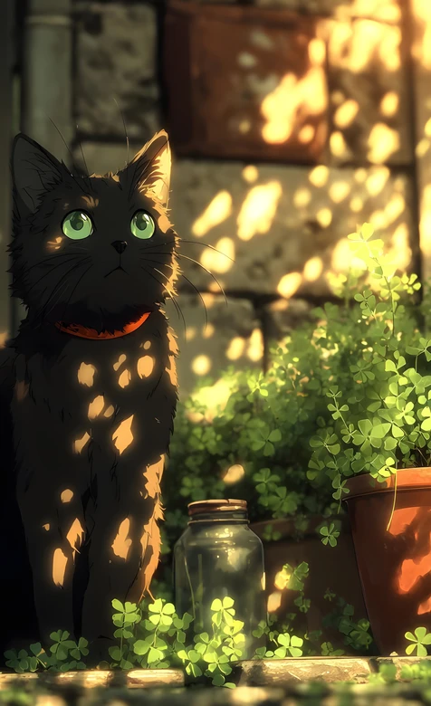 绿眼黑猫凝视阳光·橙色项圈与三叶草丛·治愈系光影场景图