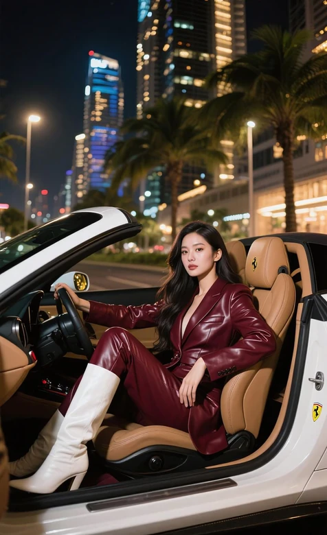 都市夜街敞篷跑车旁·酒红皮装女子 写实都市氛围大片