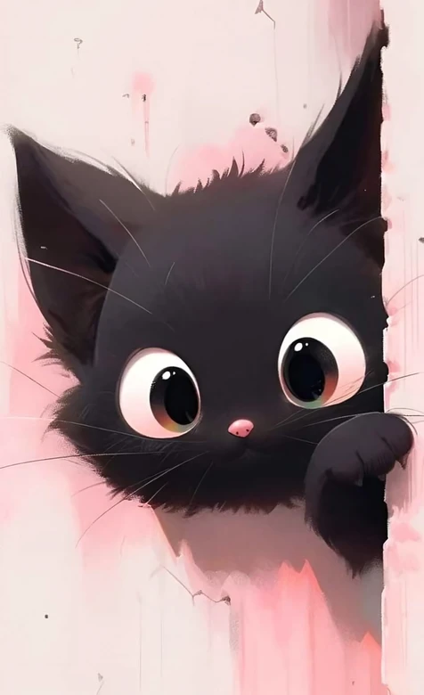 黑毛圆眼萌猫·探头张望 治愈插画风手机壁纸（软萌宠物壁纸）