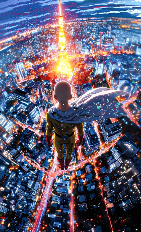 埼玉·光头披风俯瞰璀璨都市 一拳超人二次元热血动漫壁纸