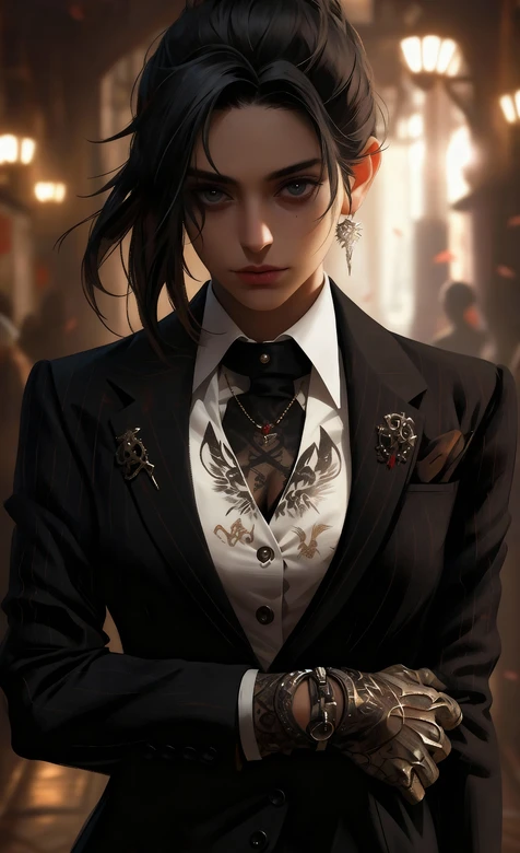 暗黑华丽写实西装女性·胸纹翅膀与金属配饰·高级感