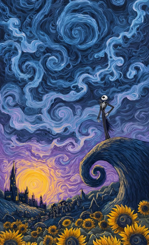 杰克·骷髅头立于螺旋山丘 梵高星空风圣诞夜惊魂超高清插画