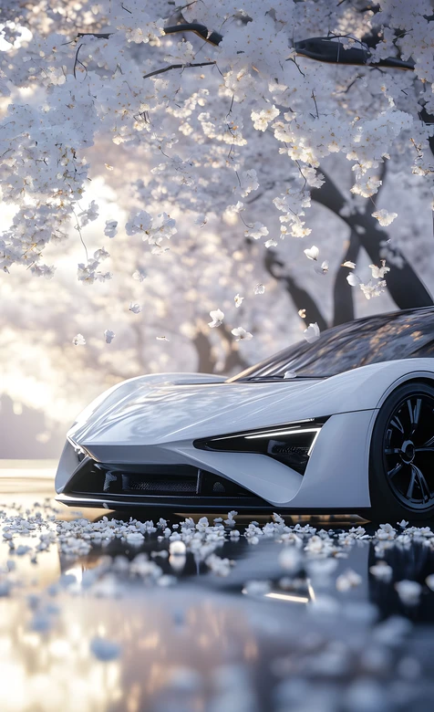 唯美樱花下的白色超跑·清新治愈风手机壁纸