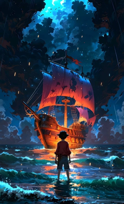 路飞·海岸踏浪望海贼船 梦幻风海贼王航海热血壁纸 超燃冒险风