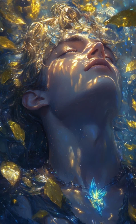 沉眠少年·鎏金卷发与冰晶花饰奇幻唯美风高清锁屏