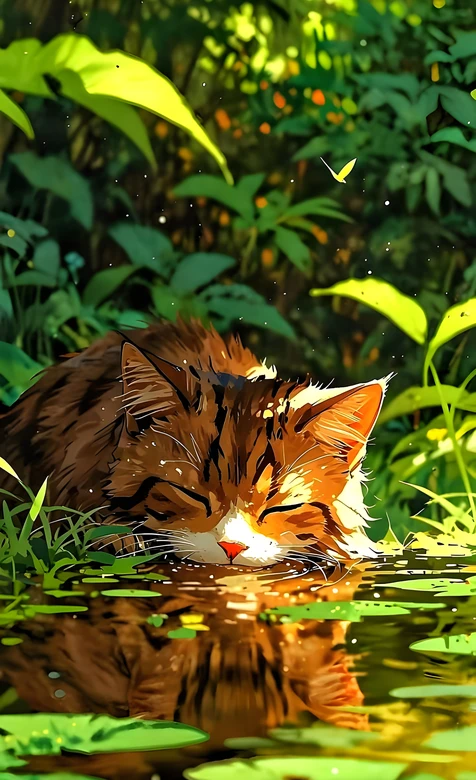 橘猫·丛林水畔饮水 唯美插画治愈系森系手机壁纸
