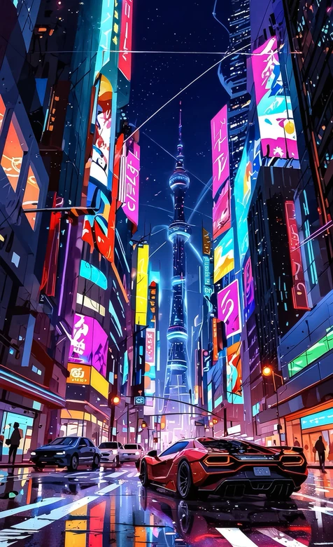 赛博朋克未来都市绚烂夜景·霓虹广告牌与螺旋高塔·超高清