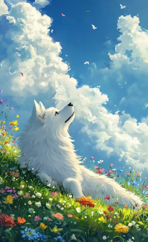 白犬望空·花海蓝天唯美插画 治愈系手机壁纸