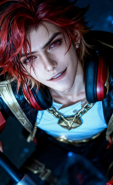 红发热血帅哥写实cos 红黑耳机金链酷飒壁纸