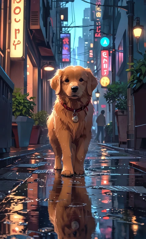 金毛幼犬·雨后霓虹街道倒影 赛博朋克治愈系高清无水印
