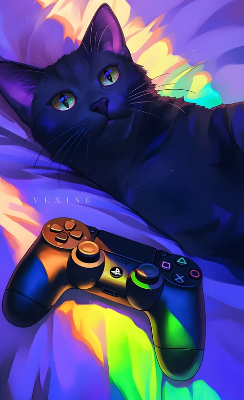 黑猫&PS手柄·霓虹炫彩风 赛博朋克猫控手机背景图