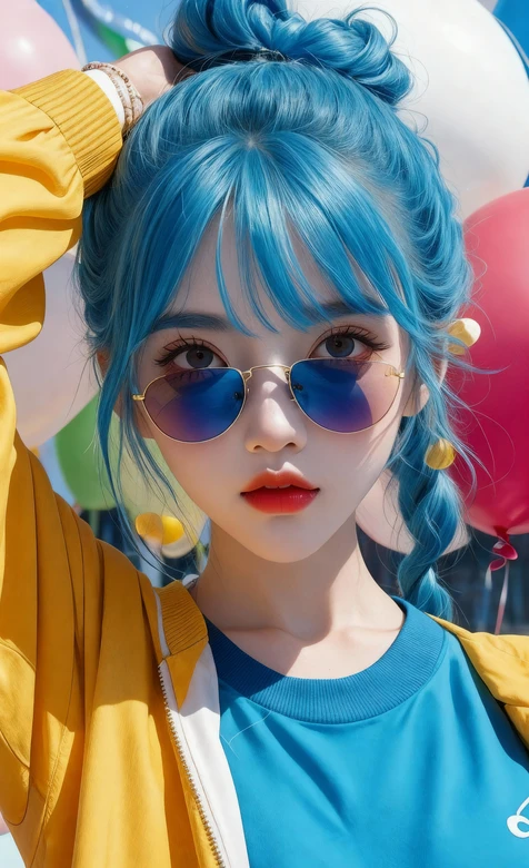 蓝发双马尾少女·元气夏日·彩色气球环绕日系清新风高清锁屏