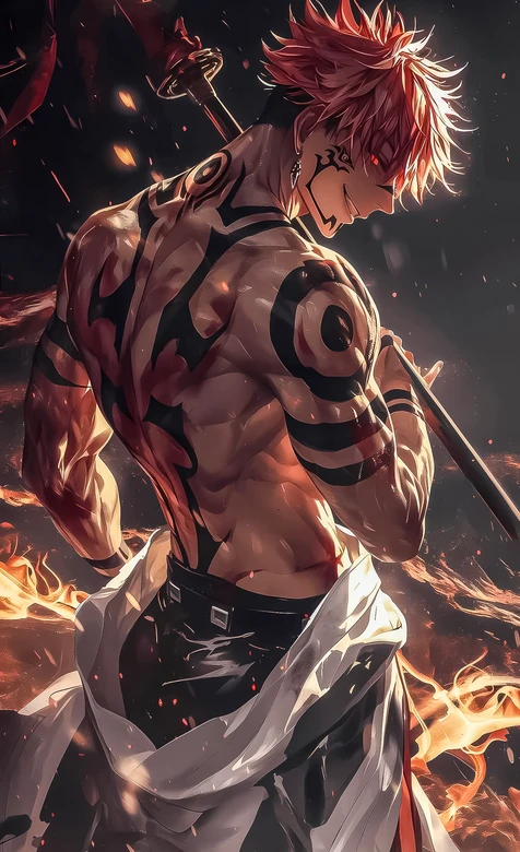 红发纹身刀客“两面宿傩”背身持刀·肌肉贲张燃焰背景热血二次元热血角色