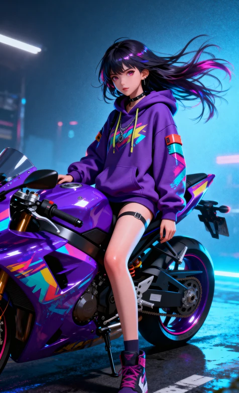 赛博朋克少女·紫色涂鸦摩托与霓虹雨夜 超高清壁纸