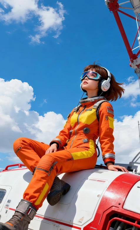 橙色飞行服女性仰望蓝天戴护目镜耳机写实科技风高清全屏
