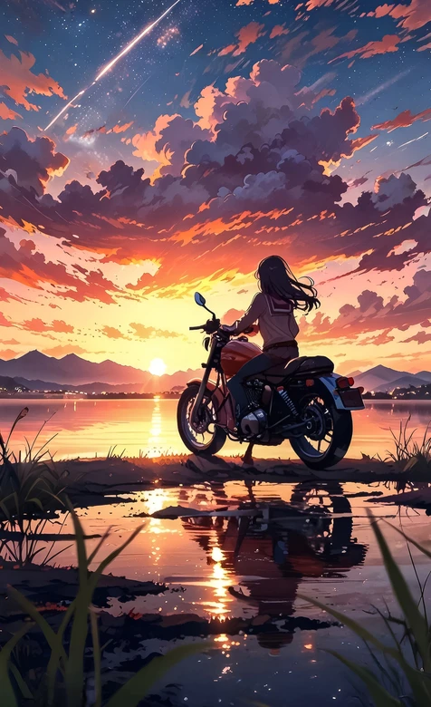 二次元唯美·摩托少女湖畔日落 星空晚霞治愈手机壁纸