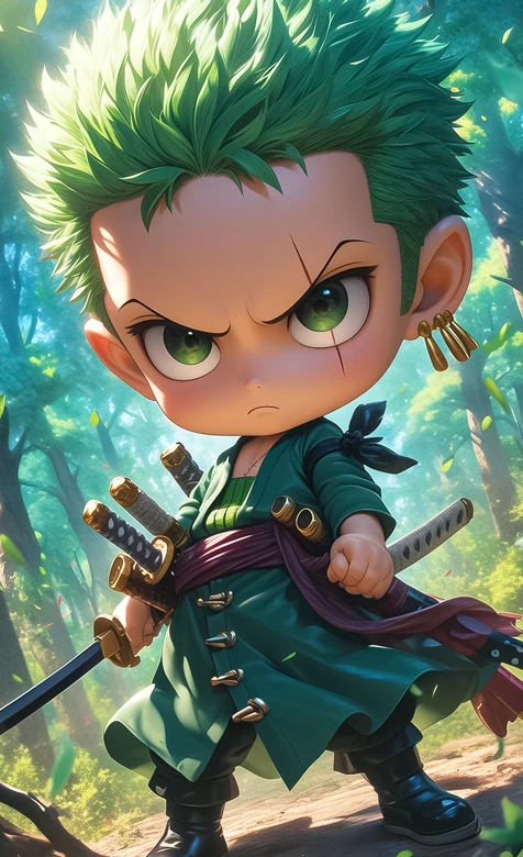 Q版罗罗诺亚·索隆·海贼王萌系热血森林场景手机壁纸