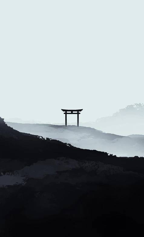 鸟居·暗黑水墨风·层叠雾中山峦 日式禅意壁纸精选
