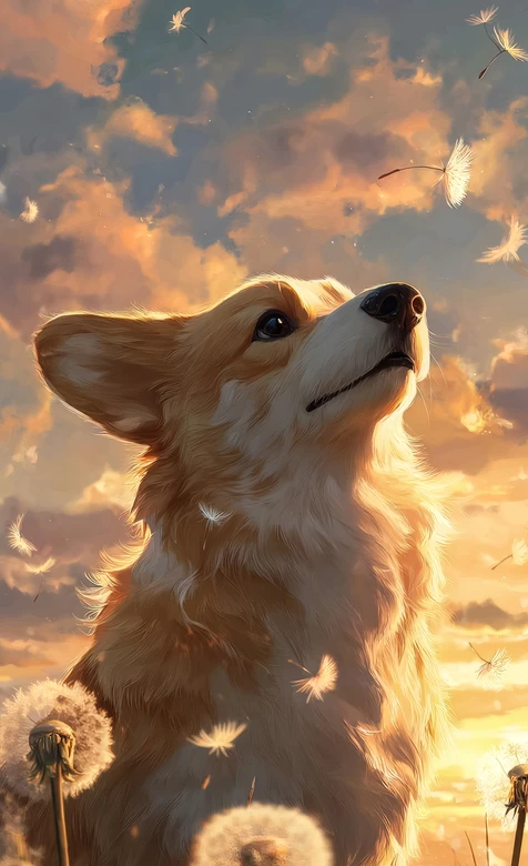 柯基·仰头追蒲公英 唯美插画风黄昏 治愈系手机壁纸推荐