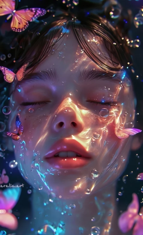 闭眼人物·蝴蝶泡泡环绕（araliaart梦幻唯美插画）手机壁纸