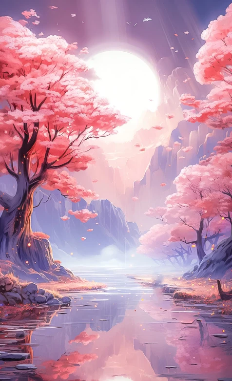 樱花溪谷·月色山水 唯美梦幻国漫风 治愈壁纸