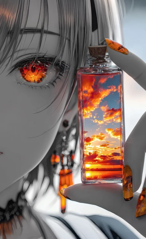 二次元人物·眼眸焰光瓶中落日 唯美写实插画手机壁纸热款