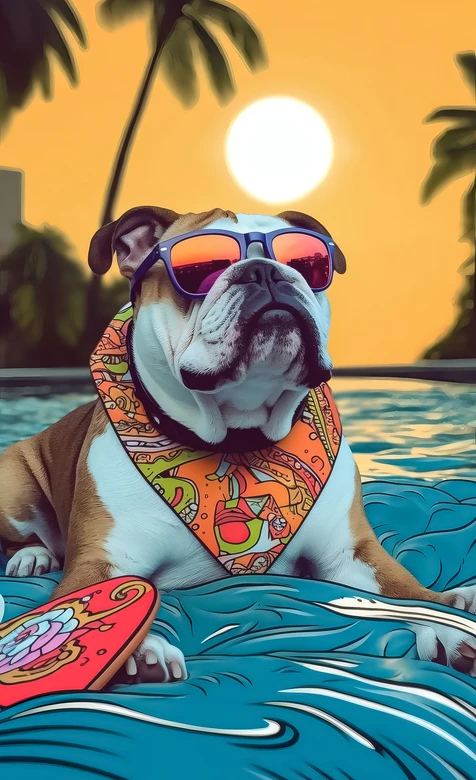 潮酷英国斗牛犬·泳池夕阳度假（潮流插画风） 夏日宠物手机壁纸