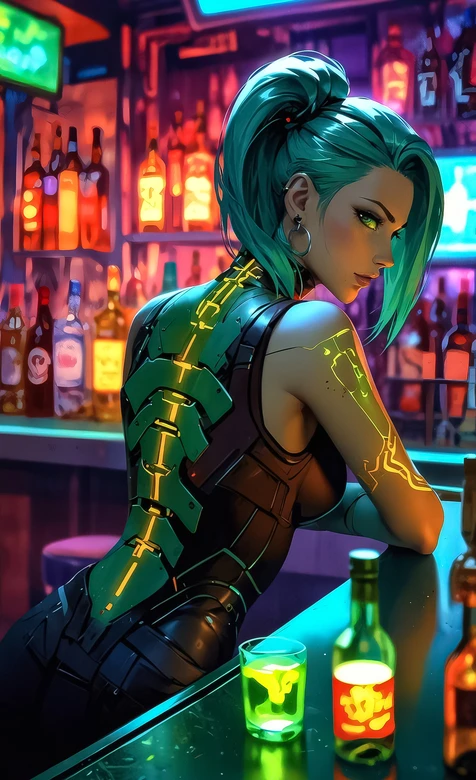 赛博义体蓝发女·绿甲发光线条 赛博朋克酒吧 赛博朋克手机壁纸