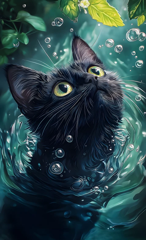 黑猫咪·绿瞳望叶水波间 唯美梦幻插画手机壁纸
