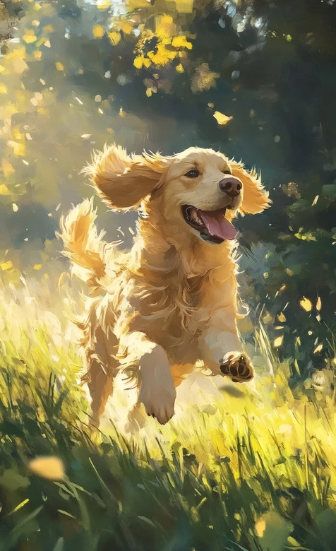 金毛犬·奔跑撒欢 油画风暖光草地 治愈系手机壁纸精选
