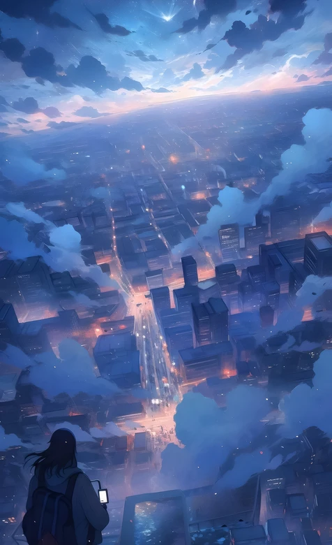 都市云海夜景·唯美二次元插画 旅人眺望（高人气手机壁纸）