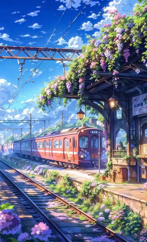 花海火车小站·日系清新新海诚风 治愈系动漫场景壁纸
