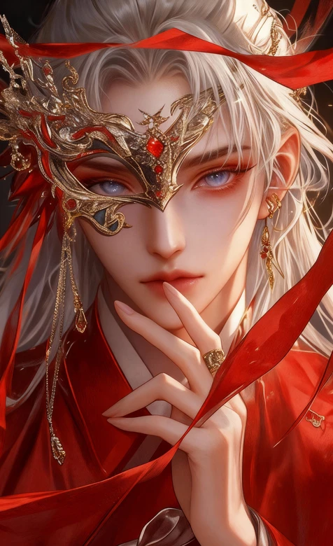 银发古风帅哥·红金面具红衣·国风华丽古风美男壁纸