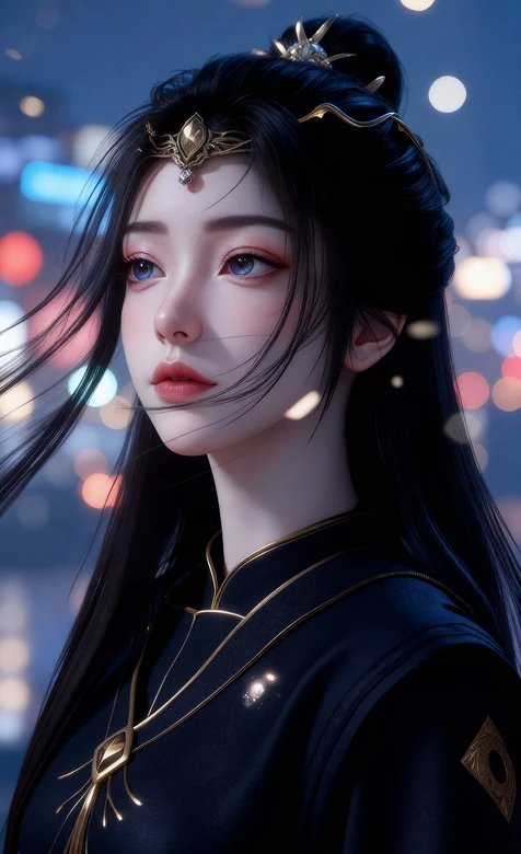 国风美女·元瑶·黑金华服金冠 都市光斑 国风赛博超火古风壁纸