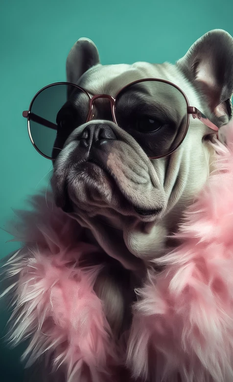 法国斗牛犬·圆框眼镜粉羽毛围巾·时尚写实风 潮流宠物手机壁纸