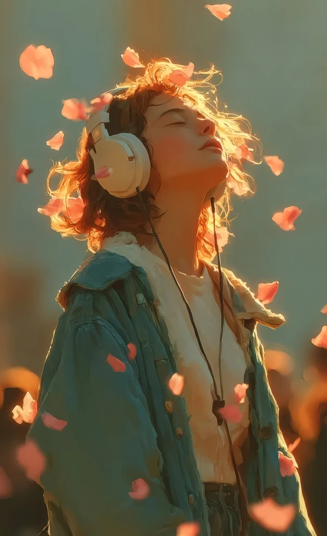 戴耳机女孩·花瓣飞舞唯美治愈原创插画手机壁纸