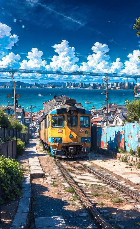 滨海小镇火车·日系动漫风 新海诚式治愈风景壁纸