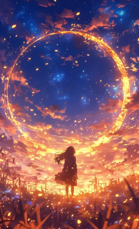 长发女孩·金色圆环星空 唯美动漫风手机壁纸热门款