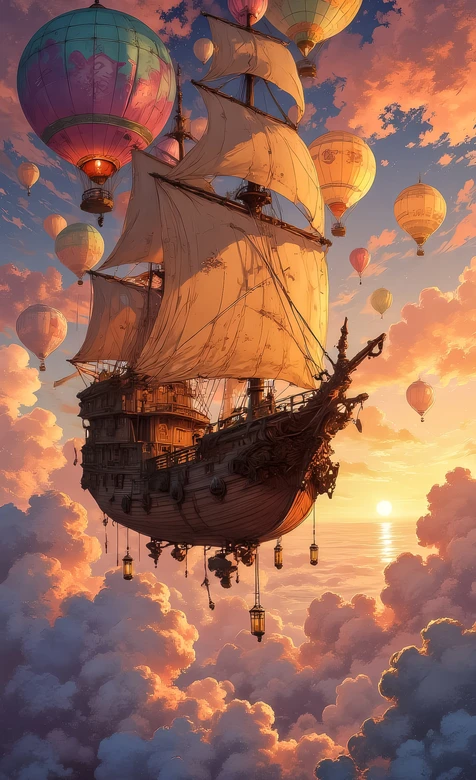 奇幻唯美浮空帆船·热气球云海日落 浪漫幻想插画手机壁纸