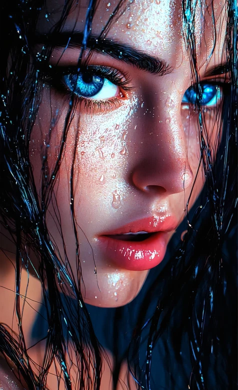 写实美女·湿发水珠蓝眸·唯美CG艺术高清手机壁纸