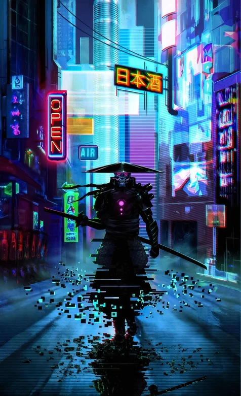 赛博朋克斗笠机甲武士·霓虹都市 未来风手机壁纸