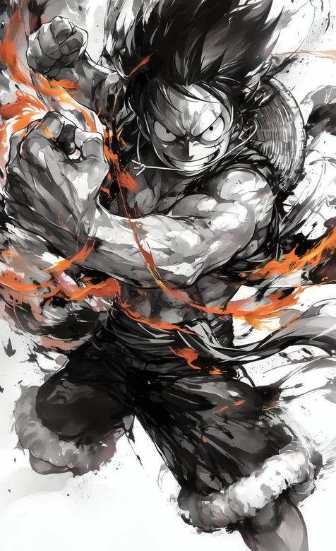 蒙奇·D·路飞·火焰缠绕 水墨战斗风 海贼王动漫手机壁纸