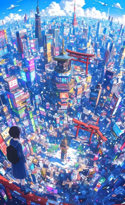 校服少女俯瞰赛博朋克东京 日系二次元风高饱和手机壁纸