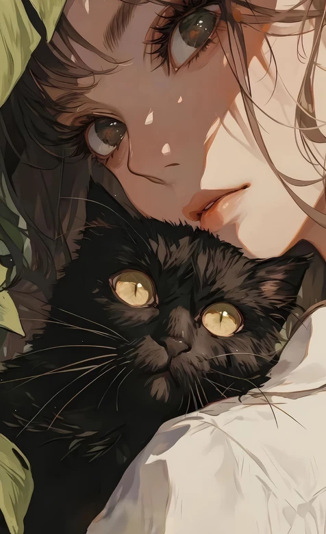 少女与黑猫依偎·写实唯美风治愈系手机壁纸精选