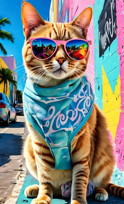 潮酷橘猫（粉墨镜蓝头巾）·彩色涂鸦街 街头潮流风手机壁纸