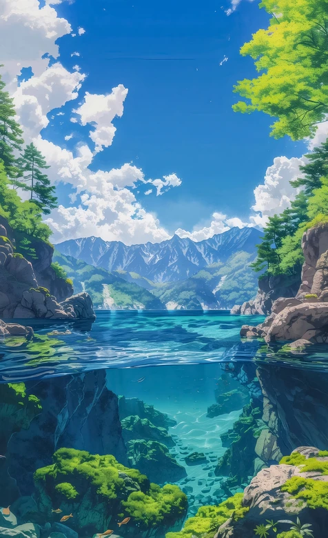湖山水下秘境·日系唯美动漫风（新海诚动画感）治愈系自然景观