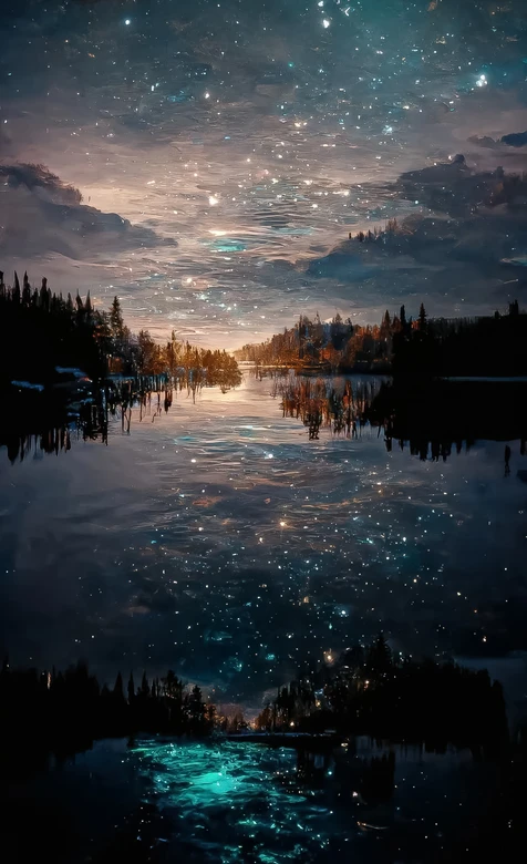 星空湖泊森林·梦幻油画风夜景 超唯美意境壁纸
