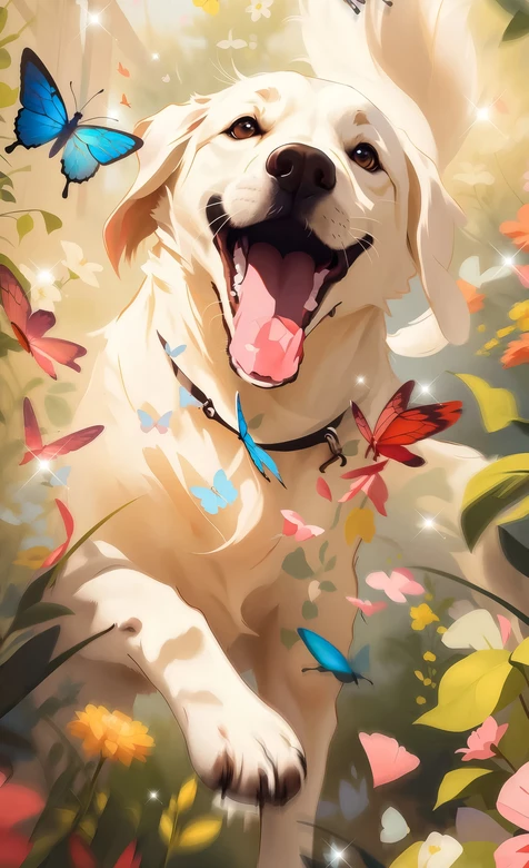 唯美插画风白色狗狗·蝴蝶环绕治愈笑 高人气宠物壁纸