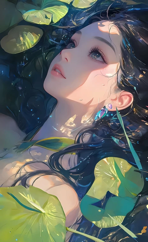 水中少女·睡莲环绕 唯美插画风手机壁纸